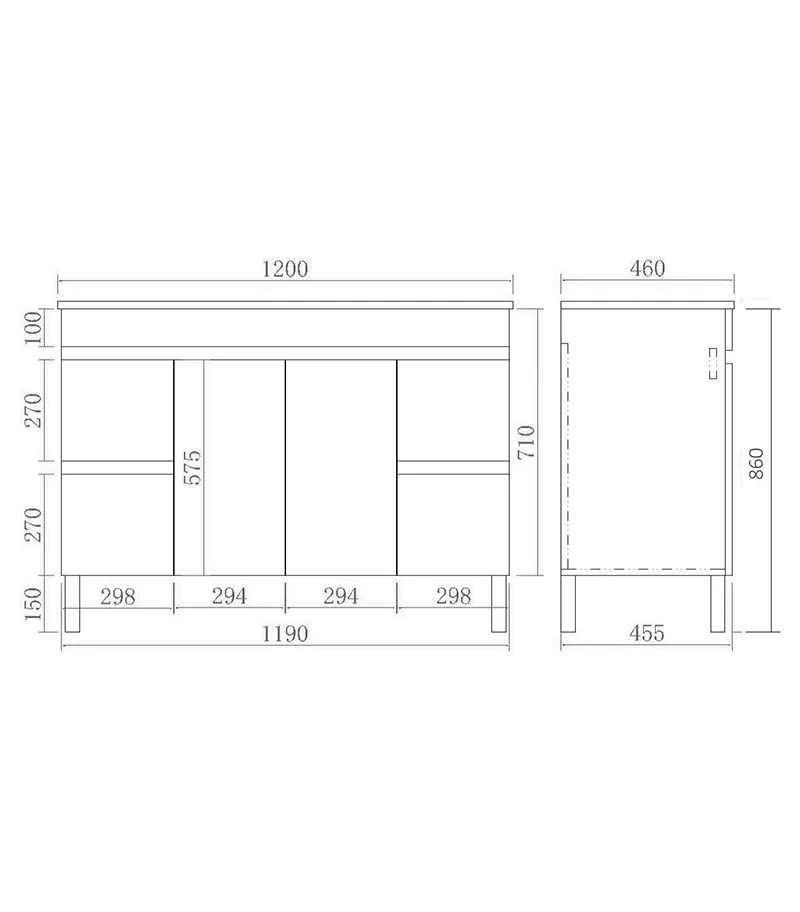 Technical Drawing For Avie 1200mm Single Bowl PVC Freestanding Vanity