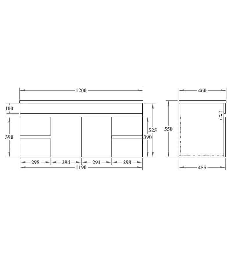 Technical Drawing For Avie 1200mm Single Bowl PVC Wall Hung Vanity