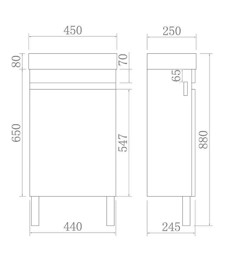 Technical Drawing For 450mm x 250mm x 880mm Avie Ensuite Floorstanding Vanity Unit