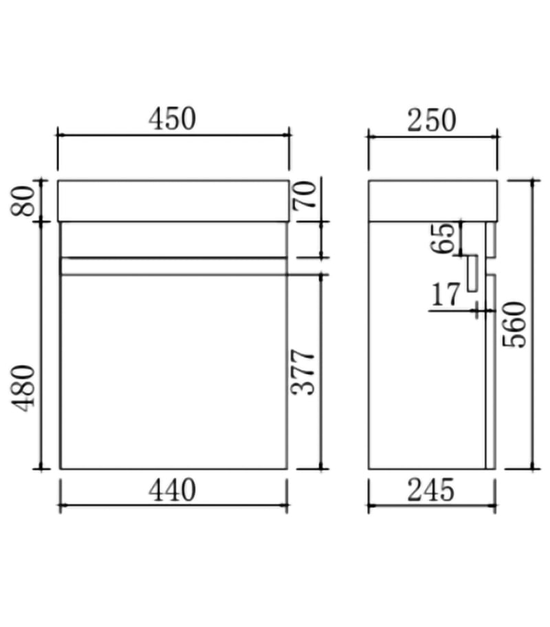 Technical Drawing For 450mm x 250mm x 480mm Avie Ensuite Wall Hung Vanity Unit