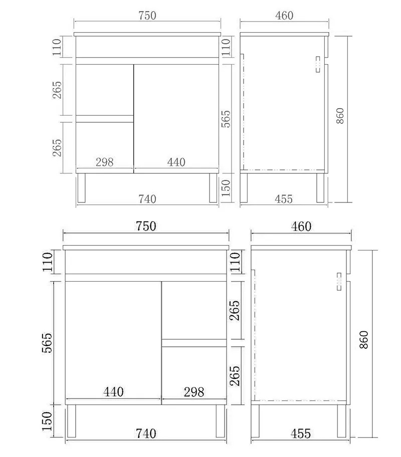 Technical Drawing For Avie 750mm PVC Freestanding Vanity