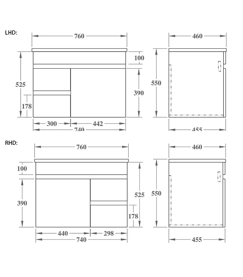 Technical Drawing For Avie 750mm PVC Wall Hung Vanity