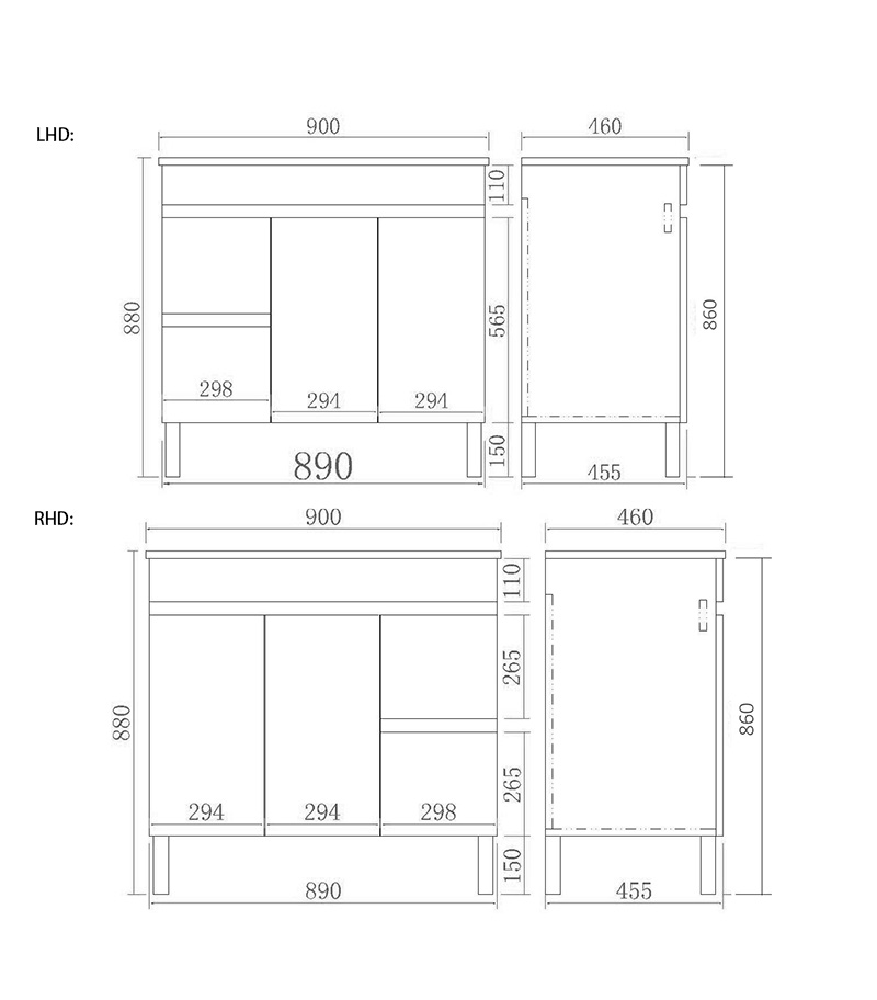 Technical Drawing For Avie 900mm PVC Freestanding Vanity