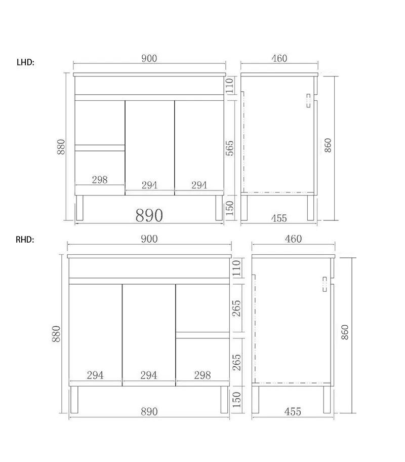 Technical Drawing For Avie 900mm PVC Freestanding Vanity