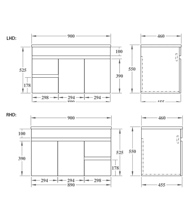 Technical Drawing For Avie 900mm PVC Wall Hung Vanity