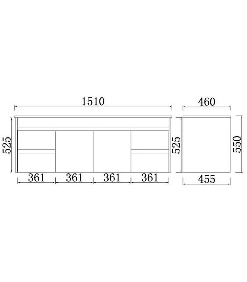 Technical Drawing For Concreto 1500mm Single/Double Bowls Plywood Wall Hung Vanity