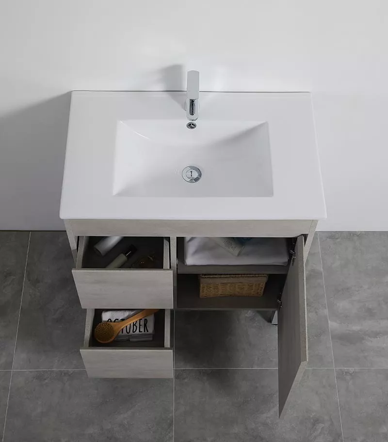 Nova 750mm Freestanding Vanity On Legs - Concrete Grey LH Drawers Topview