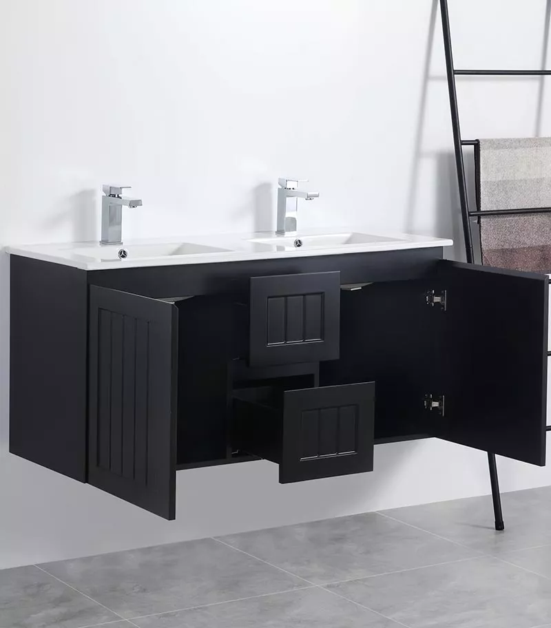 Acacia Shaker Matt Black 1200mm Double Bowls PVC Wall Hung Vanity Interior View Acacia Shaker Matt Black 1200mm Double Bowls PVC Wall Hung Vanity Interior View