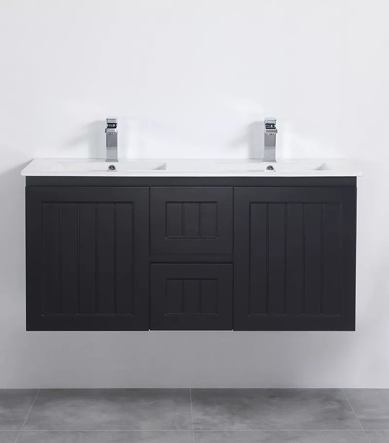 Acacia Shaker Matt Black 1200mm Double Bowls PVC Wall Hung Vanity