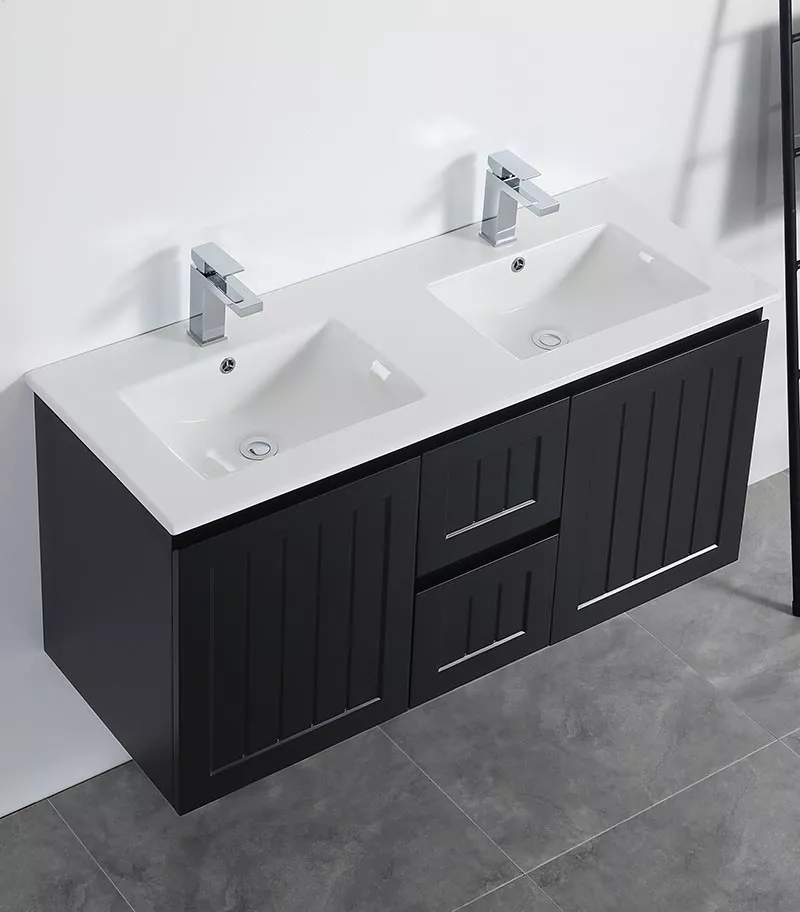 Acacia Shaker Matt Black 1200mm Double Bowls PVC Wall Hung Vanity Topview