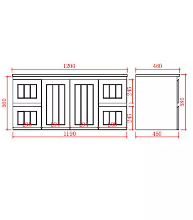 Technical Drawing For Acacia Shaker 1200mm Single Bowl PVC Wall Hung Vanity