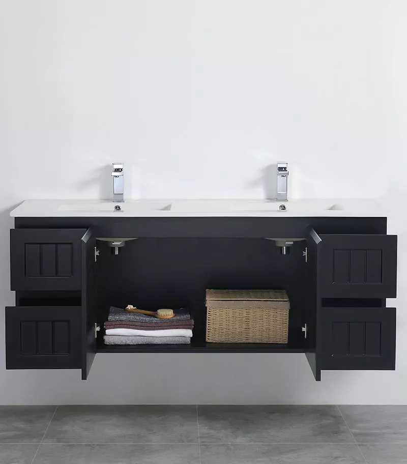 Acacia Shaker Matt Black 1500mm Double Bowls PVC Wall Hung Vanity Interior View Acacia Shaker Matt Black 1500mm Double Bowls PVC Wall Hung Vanity Interior View