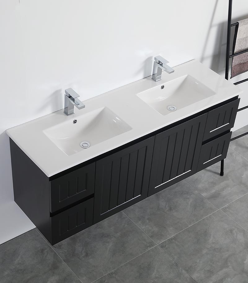 Acacia Shaker Matt Black 1500mm Double Bowls PVC Wall Hung Vanity Topview