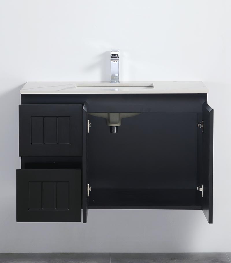 Acacia Shaker Matt Black 900mm PVC Wall Hung Vanity Interior View