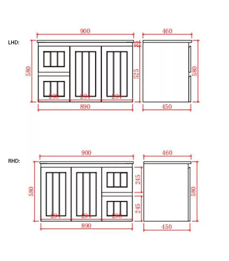 Technical Drawing For Acacia Shaker 900mm PVC Wall Hung Vanity