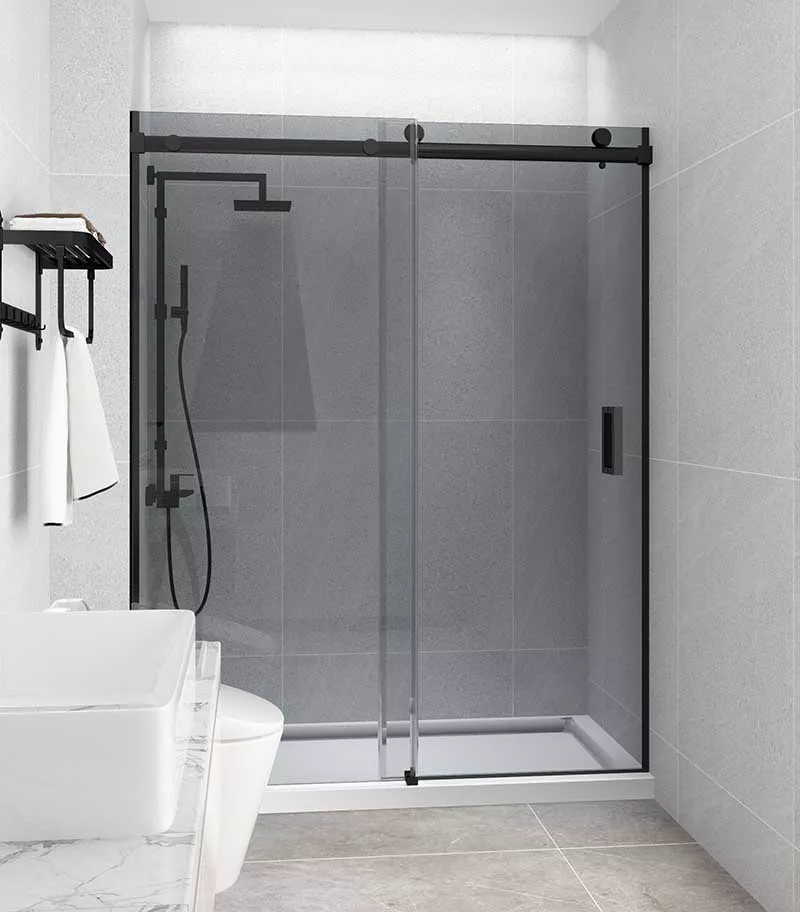 Grey Glass Matt Black Frameless Wall To Wall Shower Screen