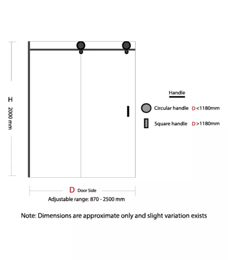 870-2500mm Frameless Wall To Wall Shower Screen Specification