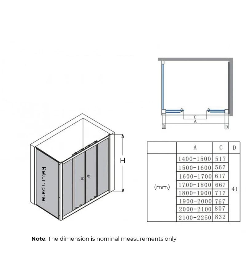 Horizontal Semi-Frameless Shower Screen Double Sliding Doors Specification