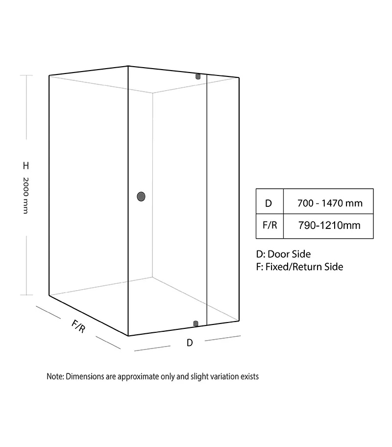 Square & L-Shape Semi-Frameless Pivot Door Shower Screen with Knob Handle Specification - Ch+BL