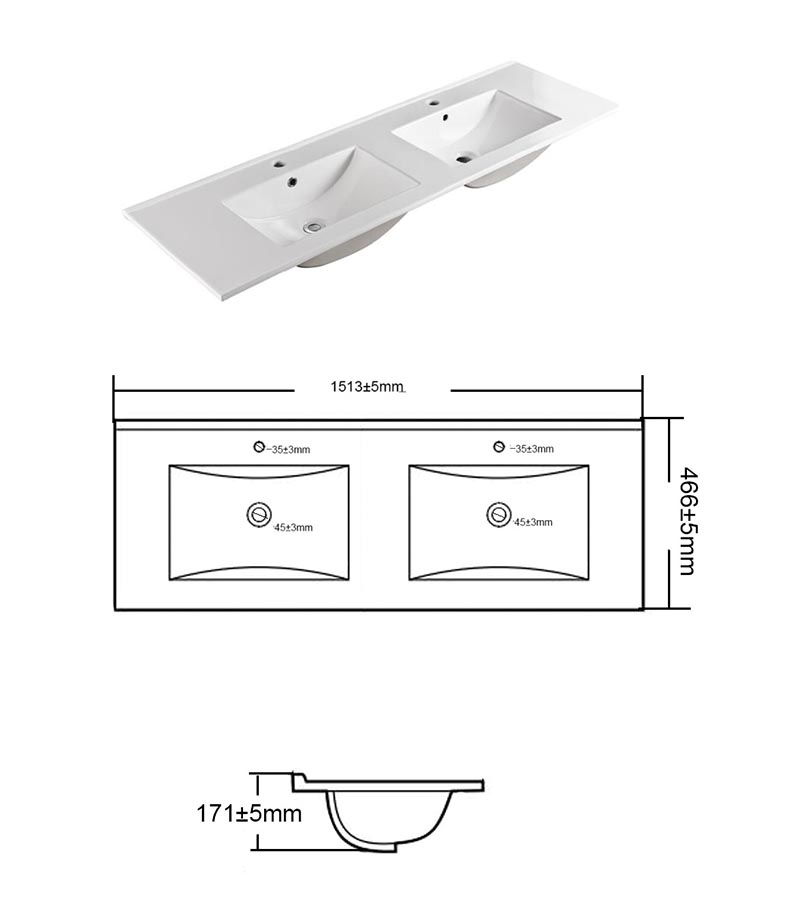 Ceramic Top Standard Square double-bowl basins 1500mm With Specs