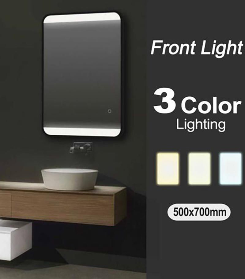 Aqua 500mm x 700mm Front Light Black Aluminum Framed Rectangle LED Mirror With 3 Color Lighting & Touch Sensor Switch