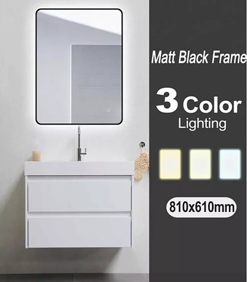 Aqua 810mm x 610mm Black Aluminum Framed Rectangle LED Mirror With 3 Color Lighting & Touch Sensor Switch