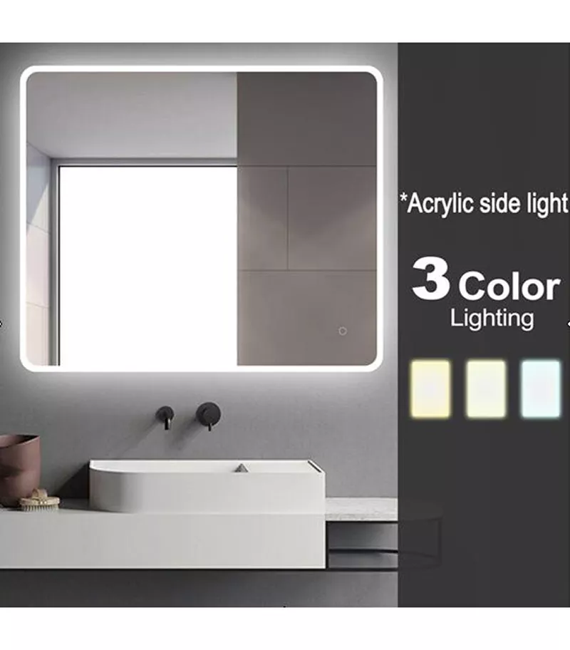 Aqua 900mm x 750mm Curved Rim Rectangle LED Mirror With 3 Color Lighting, Acrylic Side Light & Touch Sensor Switch