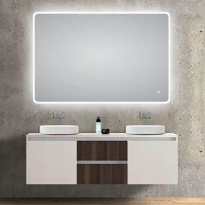 Aqua 1200mm x 800mm Curved Rim Rectangle LED Mirror With 3 Color Lighting & Touch Sensor Switch Defogger Pad