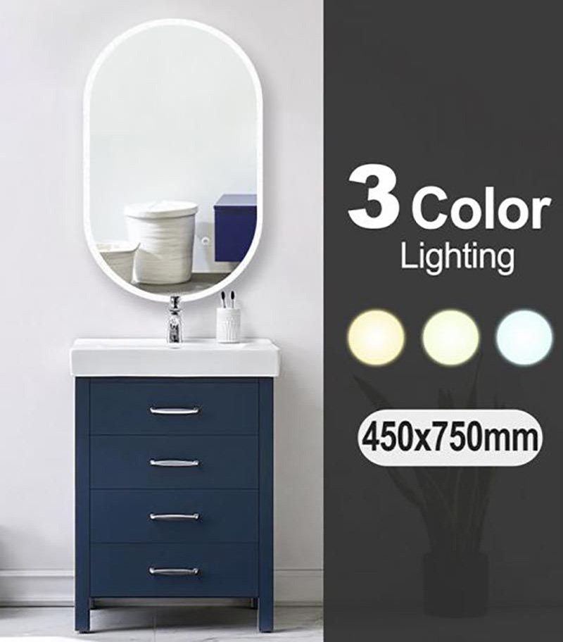 Aqua 450mm x 750mm Oval LED Mirror With 3 Color Lighting & Touch Sensor Switch Defogger Pad