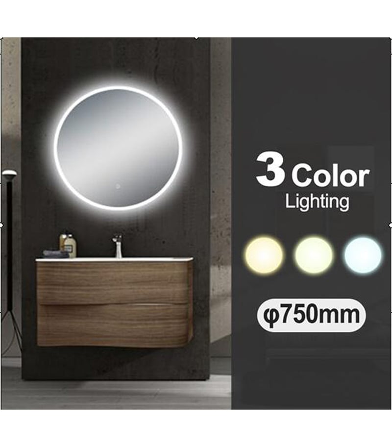 Aqua 750mm Round LED Mirror With 3 Color Lighting & Touch Sensor Switch Defogger Pad