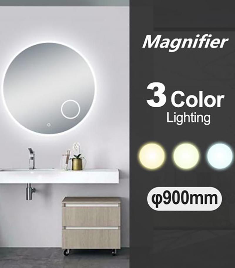 Aqua 900mm Round 3 Color Lighting LED Mirror With Magnifying, Touch Sensor Switch & Defogger Pad