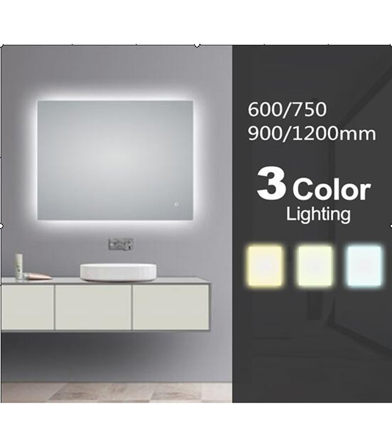 Aqua 1200mm x 800mm Rectangle LED Mirror With 3 Color Lighting & Touch Sensor Switch Defogger Pad