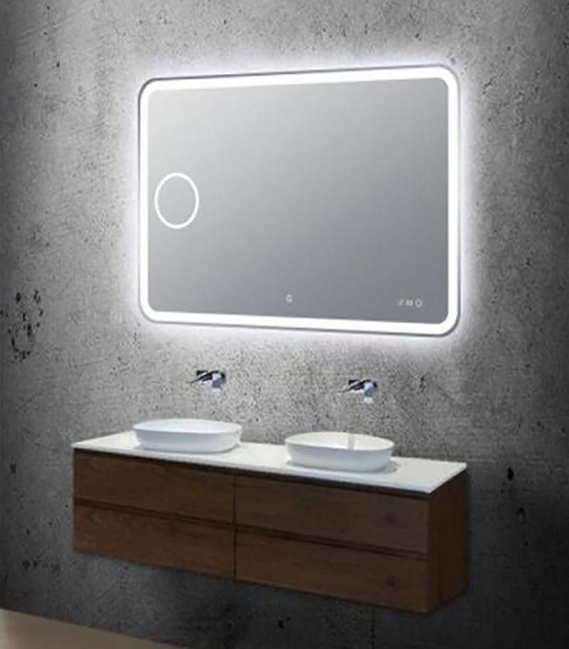 Aqua 1200mm x 800mm Curved Rim Rectangle LED Mirror With Magnifier, Touch Sensor Switch & Digital Clock With Temperature
