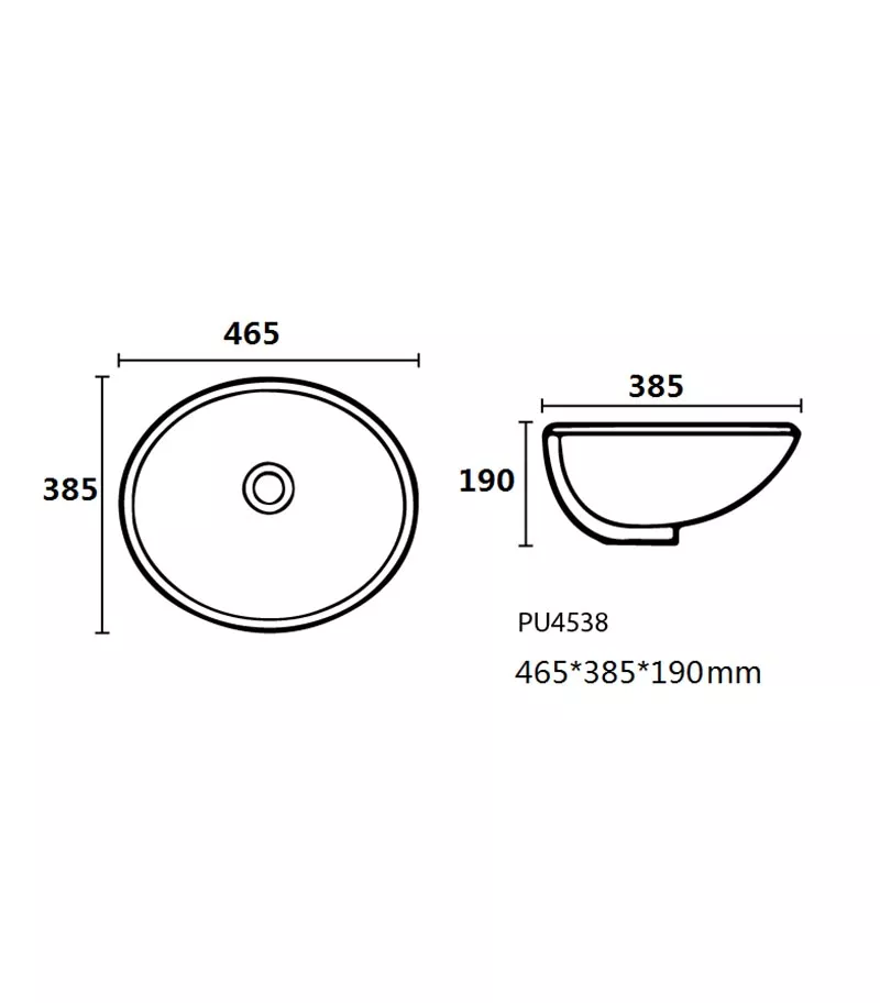 465 x 385 x 190mm Oval Undermount Ceramic Basin - Gloss White Specification