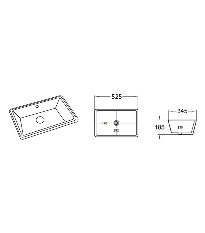 525 x 345 x 185mm Rectangle Undermount Ceramic Basin - Gloss White Specification 525 x 345 x 185mm Rectangle Undermount Ceramic Basin - Gloss White Specification
