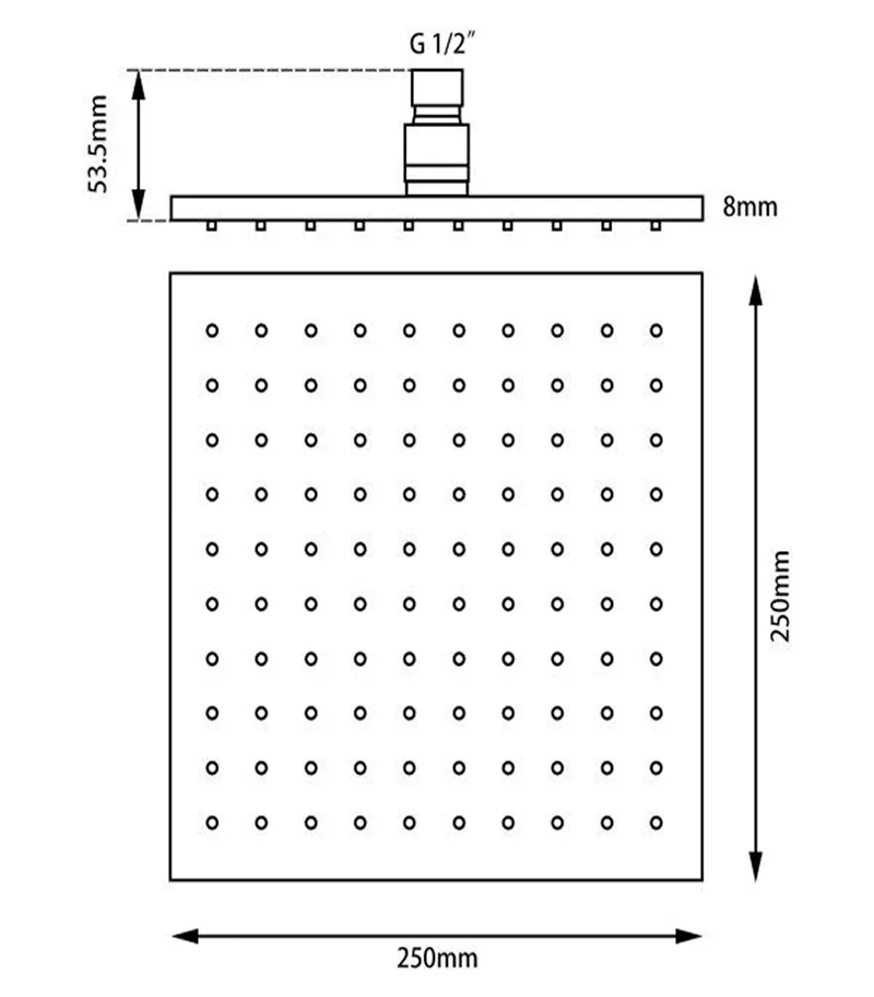 Specification For Cavallo 250mm Square Shower Head 8mm Thickness