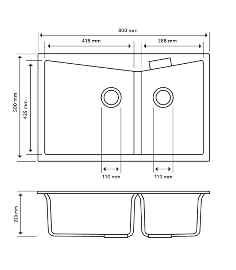 Carysil 800mm Double Bowls Granite Top/Flush Mount Kitchen Sink TWM-3220 Technical Drawing