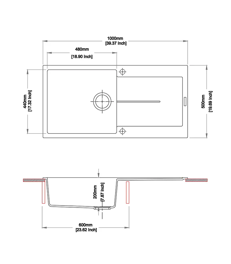 Carysil 1000mm x 440mm Black Single Bowl With Drainer Board Granite Kitchen Sink TWM-ED100L Technical Drawing