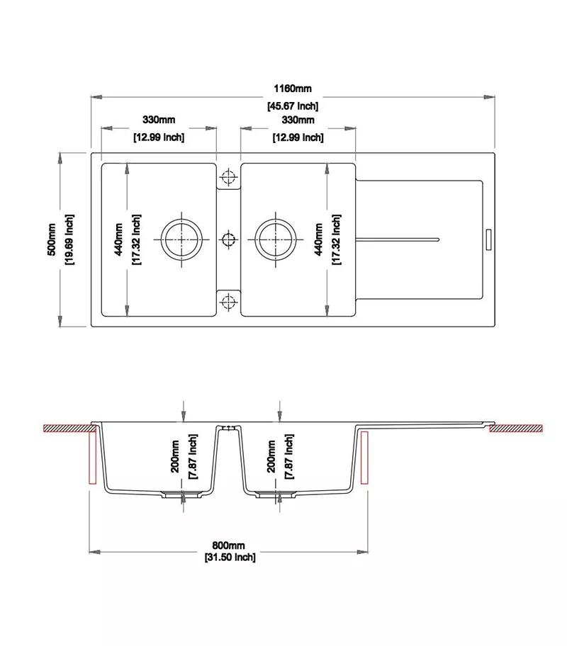 Carysil 1160mm Black Double Bowls With Drainer Board Granite Kitchen Sink Top Mount TWM ED200 Technical Drawing