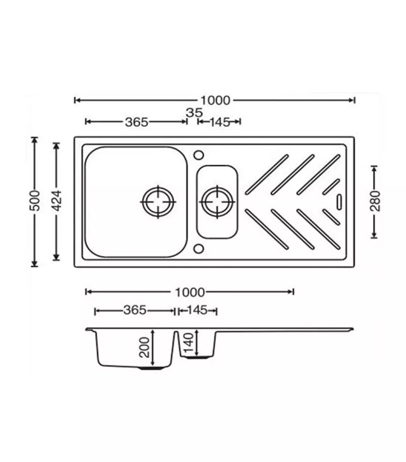 Carysil 1000mm One And 1/4 Bowls Granite Topmount With Drainer Board Kitchen Sink TWM-NBD150 Technical Drawing