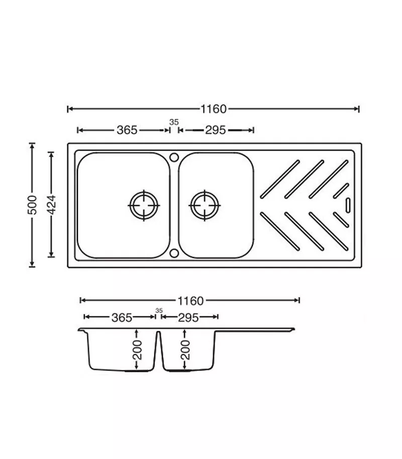 Carysil 1160mm One And 3/4 Bowls Granite Topmount With Drainer Board Kitchen Sink TWM-NBD200 Technical Drawing