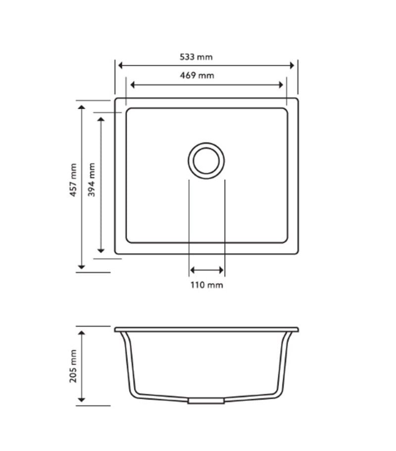 Carysil Granite Kitchen Sink 533mm Technical Drawing