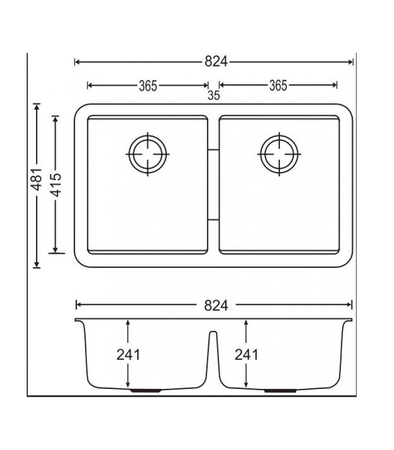 Carysil 824mm Double Bowls Granite Undermount Kitchen Sink TWM3322 Technical Drawing