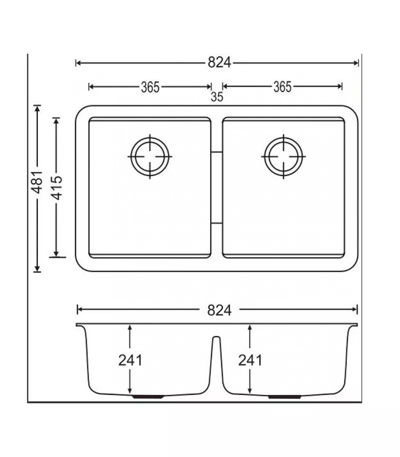 Carysil 824mm Double Bowls Granite Undermount Kitchen Sink TWM3322 Technical Drawing