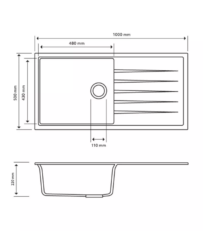 Carysil 1000mm Single Bowl With Drainer Board Granite Kitchen Sink TWMD-100L Technical Drawing