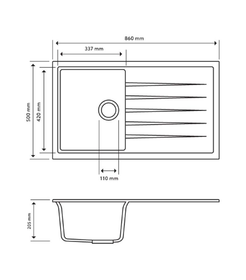 Carysil 860mm Single Bowl With Drainer Board Granite Kitchen Sink TWMD-100 Technical Drawing