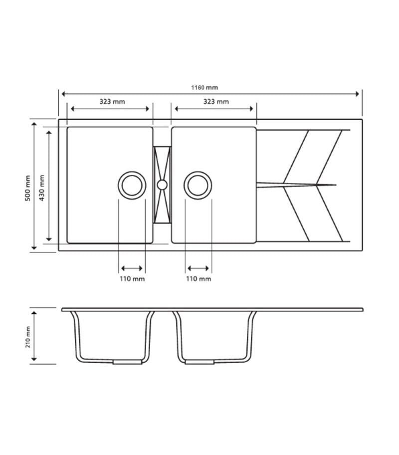 Carysil 1160mm Double Bowls With Drainer Board Granite Kitchen Sink TWMD-200J Technical Drawing