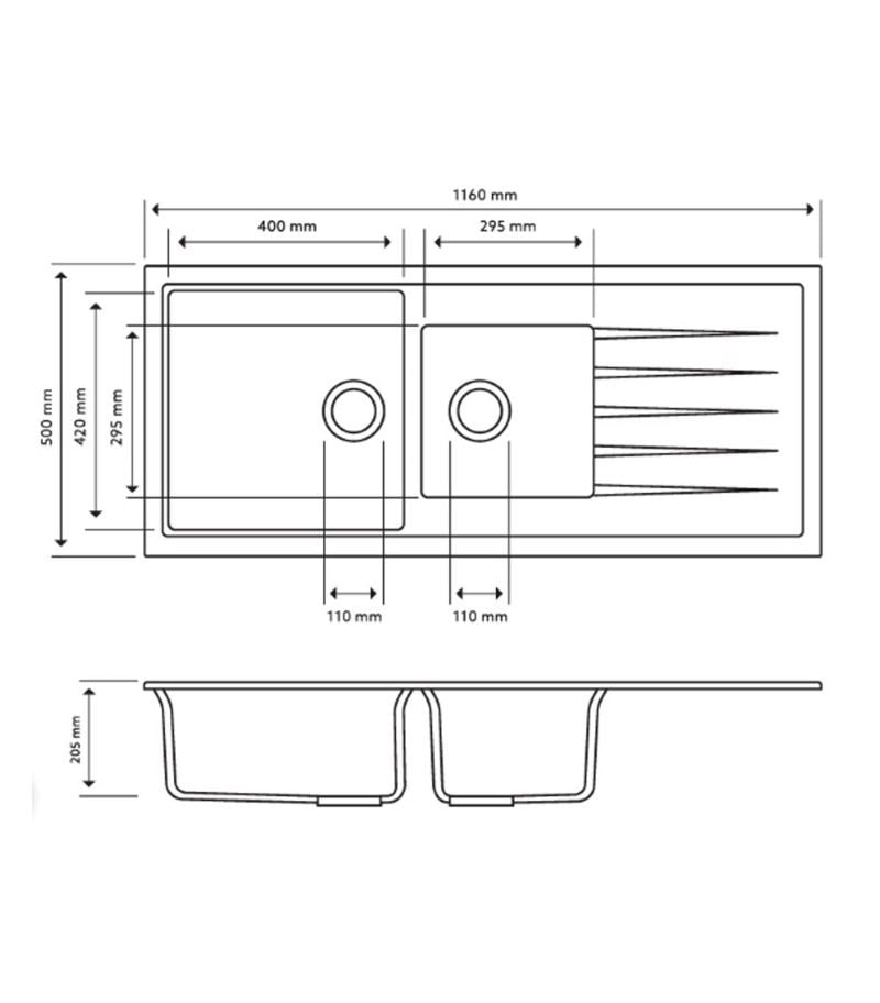 Carysil 1160mm One and A Half Bowl With Drainer Board Granite Kitchen Sink TWMD-200V Technical Drawing