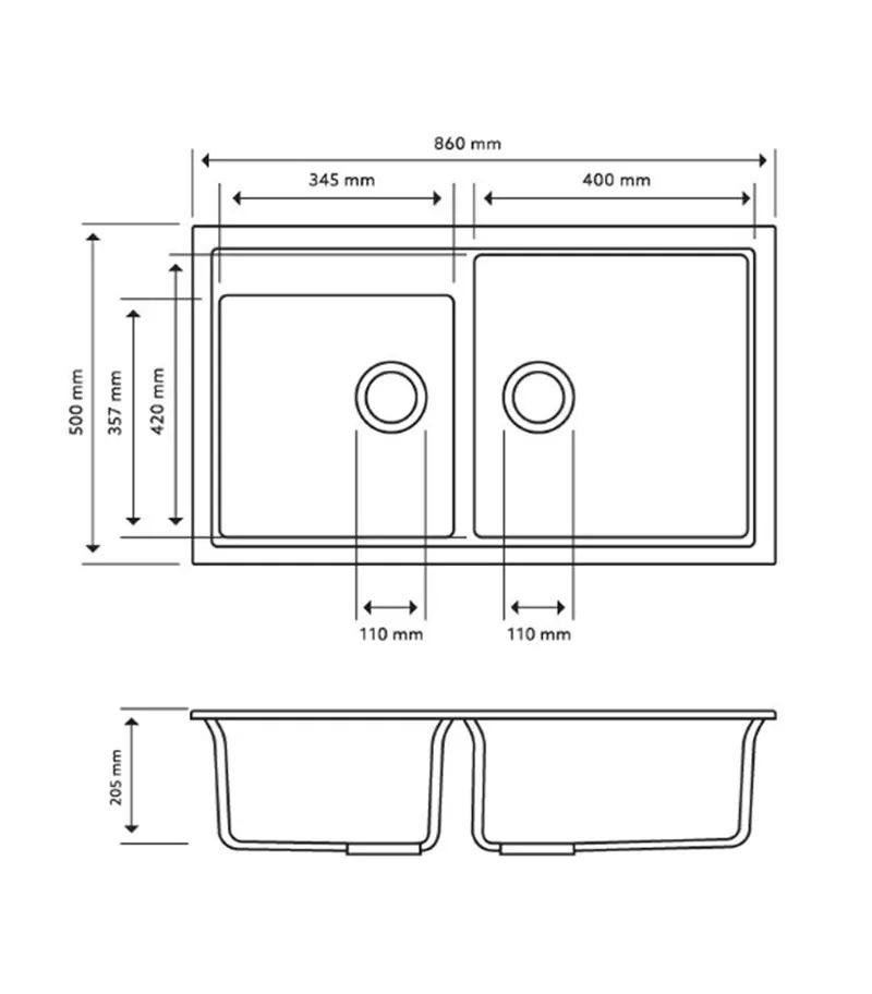 Carysil 860mm Double Bowls Granite Kitchen Sink TWMN-200 Technical Drawing