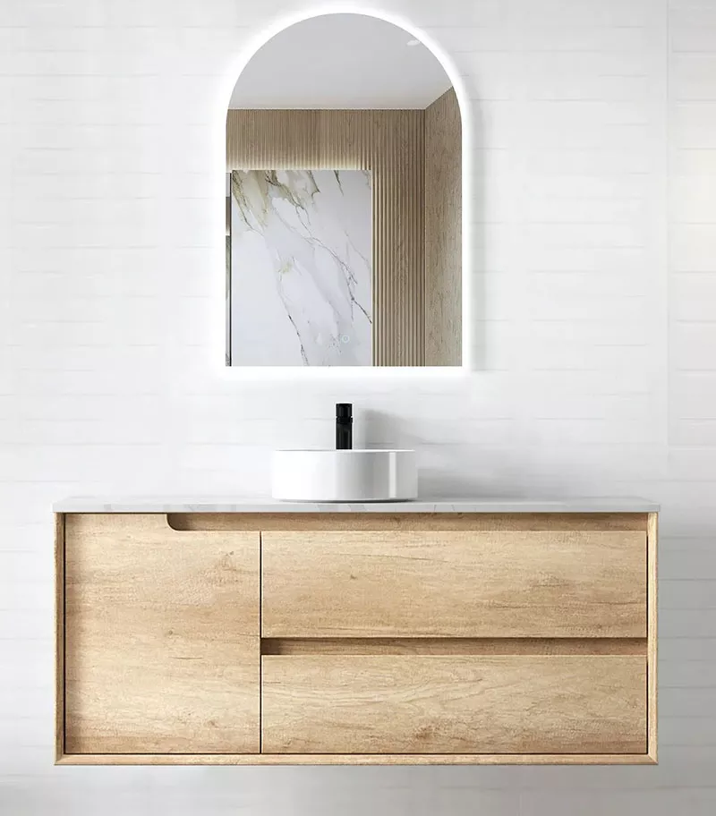 Byron Natural Oak 1200mm Single Bowl Plywood Wall Hung Vanity Rockplate Top 15mm